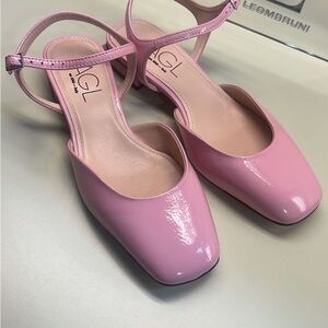 AGL Pink Patent Leather Slingback Flats Square Toe | Designer Shoes NWT